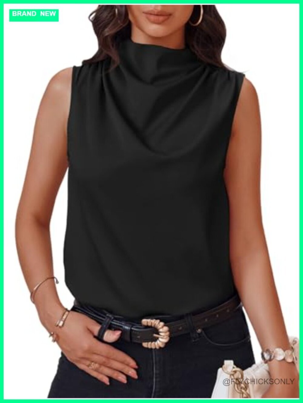 Mock Neck Satin Tank Top - Ruched Blouse Sleeveless Business Casual Work Top